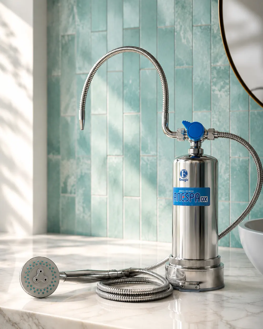 ANESPA DX on a marble counter against sage green tile