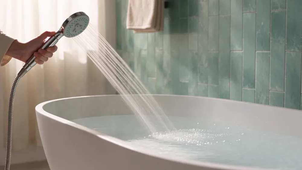 A soft spray from the ANESPA DX filling a white freestanding bath